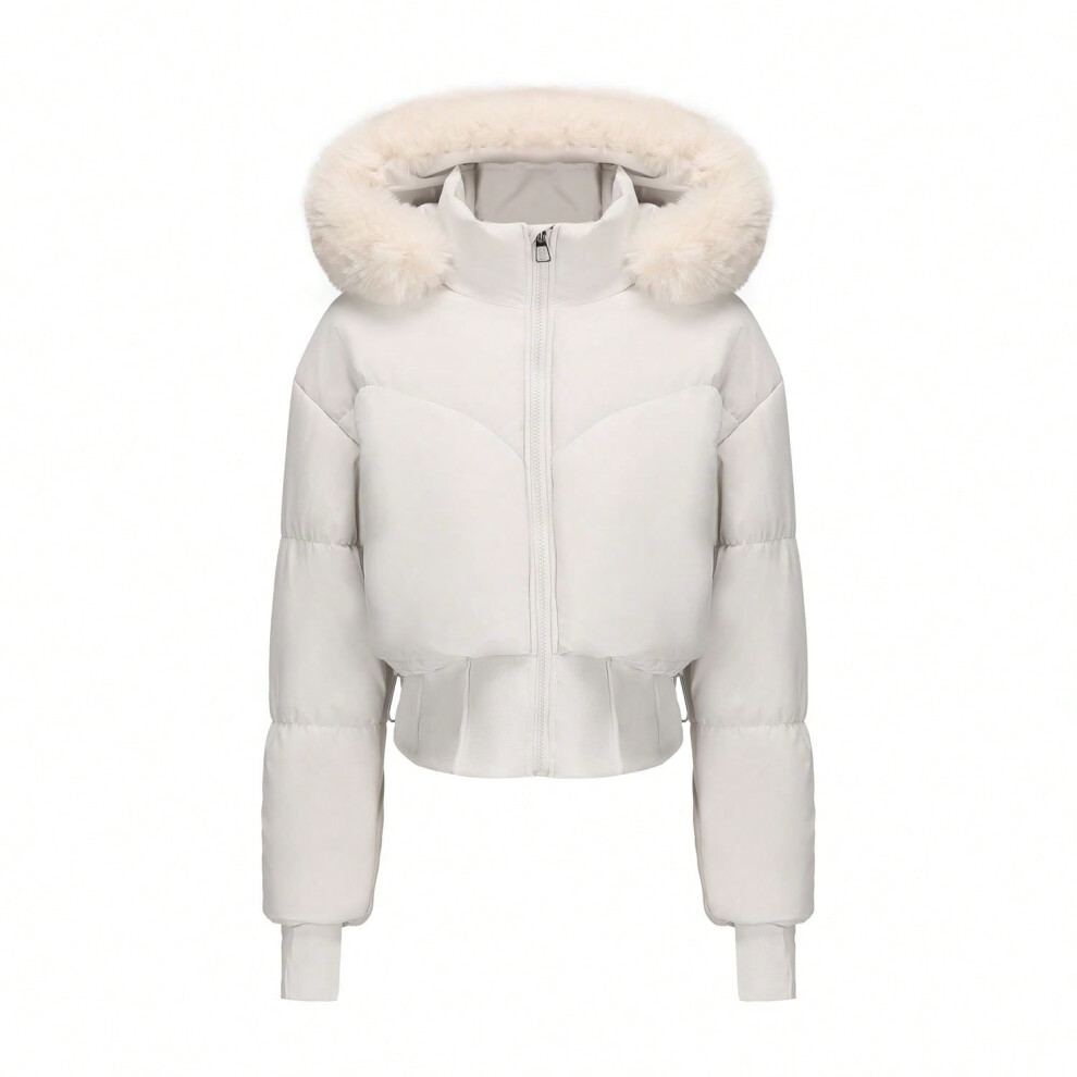 (???, M) Large fur collar hooded short cotton coat for women autumn and winter new thick warm cotton coat waist design jacket