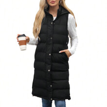 (black, L) 2025 Autumn and Winter New Women's Hooded Sleeveless Vest Long Solid Color Zipper Padded Thickened Jacket Women's Clothing