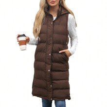 (Brown, XL) 2025 Autumn and Winter New Women's Hooded Sleeveless Vest Long Solid Color Zipper Padded Thickened Jacket Women's Clothing