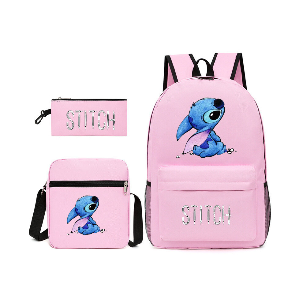 (Pink) Three Backpack Stitch Piece Set Pencil Case Lunch Bag Schoolbag Student Kid Pink