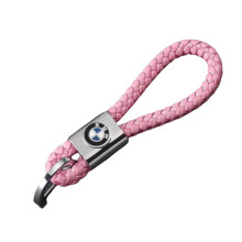 (Pink)Geflochtenes Leder Auto Schlüsselanhänger BMW Logo Metall Schlüsselanhänger Halter Tasche Dekor Zubehör