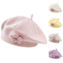 (yellow) Toddler Baby Kids Girls Plain Winter French Berets Hats With Flower Bonnet Hat Knitting Wool Artist Painter Cap