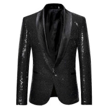 (S, black) Lebanghui Men's Fashion Sequin Casual Blazer Wediing Celebration Suit Jacket