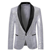 (S, silver) Lebanghui Men's Fashion Sequin Casual Blazer Wediing Celebration Suit Jacket