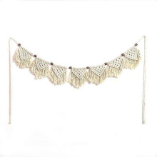 Lebanghui Handmade Macrame Wall Hanging Tassel Tapestry Fringe Banner Crochet Woven Natural Cotton Wood Bead Apartment Dorm Decoration (7-flag)