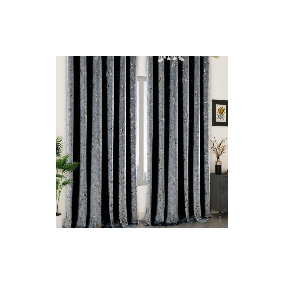 (Grey, 90x54 Inc) Glitzy Velvet Eyelet with Metallic Print Ring Top Window Curtains Living Room Curtains Bedroom Accessories-image-OPC-PJJ5HKG-NEW