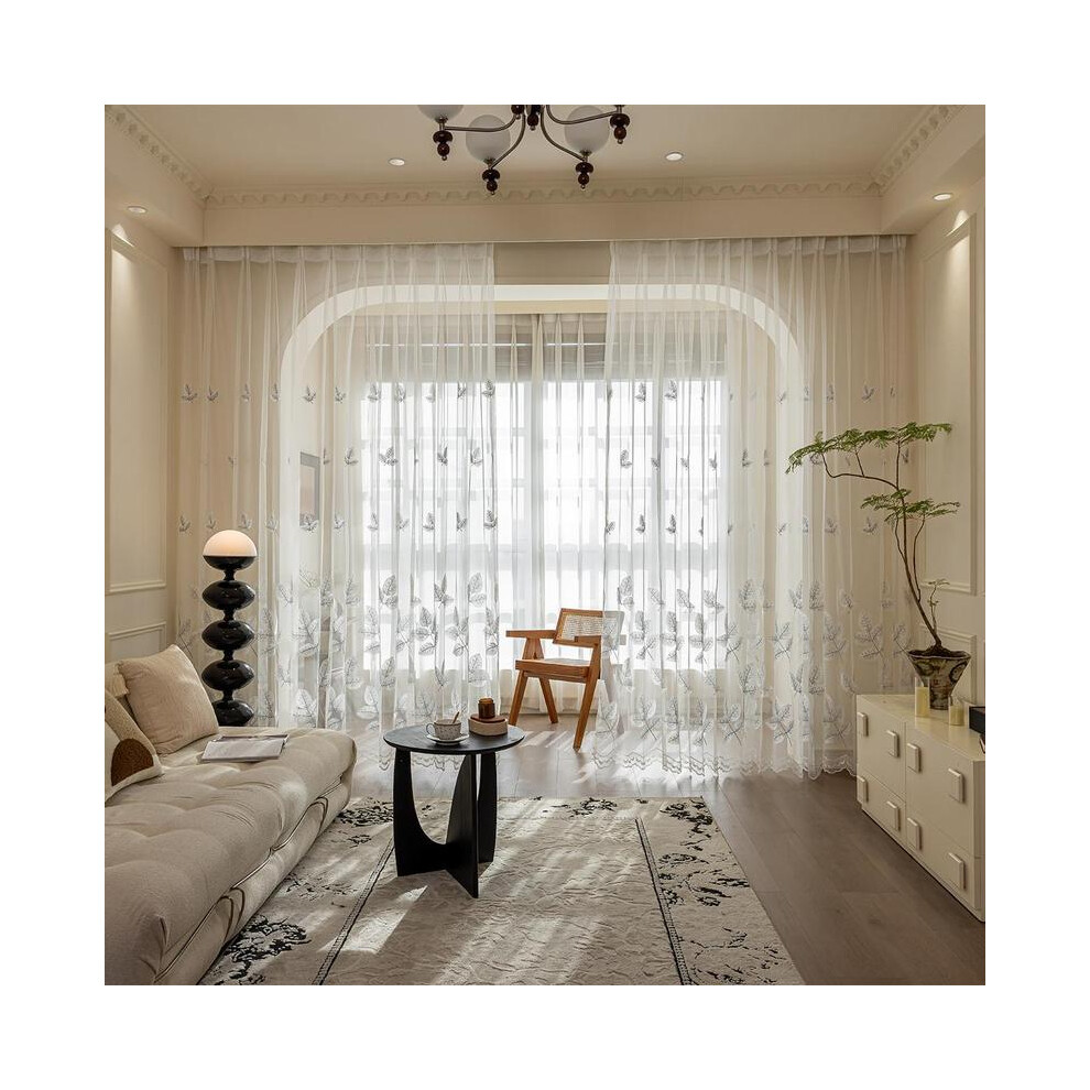 (White, 39in*98in/100cm*250cm) Plant Pattern Embroidery Curtain, 2 Counts/set Modern Simple Window Curtain, Window Drapes for Home Living Room Bedroom-image-OPC-PJJ5J9D-NEW