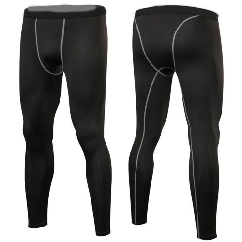 Men's Compression Pants Workout Leggings Grey Line L Fast Drying Athletic Tights 1