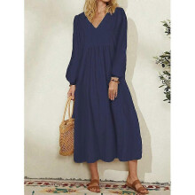 (Xl, Dark blue) Lebanghui Women summer dress women's spring fashion women's wear cotton linen loose lantern sleeve dress