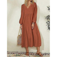 (L, Orange) Lebanghui Women summer dress women's spring fashion women's wear cotton linen loose lantern sleeve dress