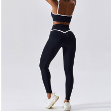 Black 14/XL 2 Piece Color Block Yoga Set with Cross Waist and Spaghetti Straps