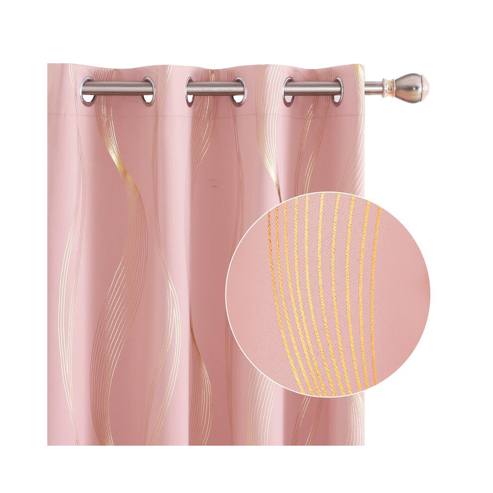 (Coral Pink, W132 x L214 cm / W52 x L84 Inch) Blackout Eyelet Curtains Thermal Insulated Gold Wave Line Foil Printed Curtains for Bedroom 2  Panels-image-OPC-PJJ5M9K-NEW