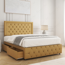 (Mustard, 3ft Single) Lena Divan Bed Base with Mattress, 26in Headboard & 2 Drawers Upholster Bed Plush Velvet