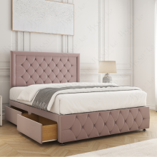(Pink, 4ft6" Double) Lena Divan Bed Base with Mattress, 26in Headboard & 2 Drawers Upholster Bed Plush Velvet