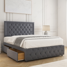 (Steel, 6ft Super King) Lena Divan Bed Base with Mattress, 26in Headboard & 2 Drawers Upholster Bed Plush Velvet