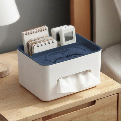 Tissue Box Cover Rectangular Multifunctional Napkin Box Holder with Remote Control Box for Living Room Office White Base Blue Lid 1