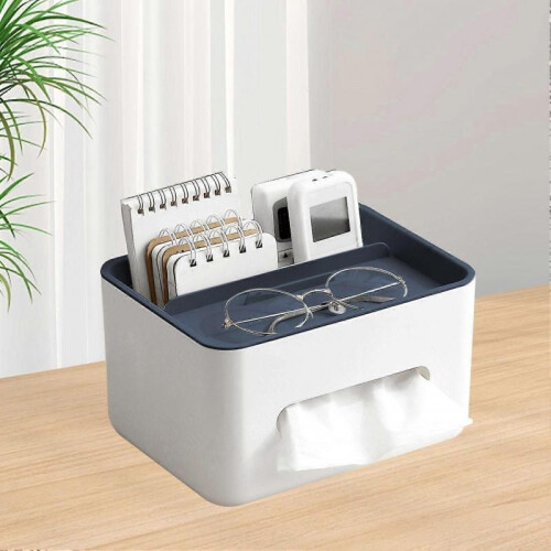 Tissue Box Cover Rectangular Multifunctional Napkin Box Holder with Remote Control Box for Living Room Office White Base Blue Lid 2