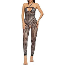 Completo intimo a rete con bodystocking e collant trasparenti a pois - Nero - Donna - Nylon Spandex