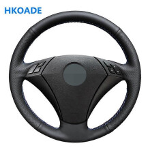 (Fil bleu clair) Housse de volant de voiture en cuir synthétique noir à coudre à la main pour BMW