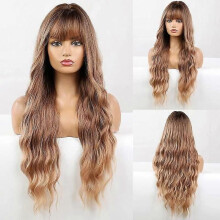 Pitkät kiharat hiukset peruukki Ombre Blonde Kaksisävyiset tummajuuriset hiukset otsatukkailla Luonnollinen