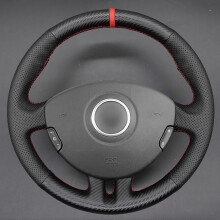 (Faux Carbon Leather)Svart konstläder Handsytt mjukt bilrattskydd för Renault Clio