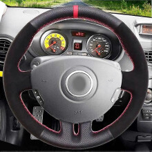 (Faux mockaläder)Svart konstläder Handsydd mjuk bilrattkåpa för Renault Clio