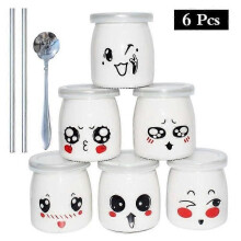 6 pots de yaourt ou de crème dessert en verre avec décor émoji, pailles réutilisables, cuillère incluse,