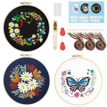 Set med 3 broderisatser - nybörjarbroderisats - Inklusive 3 bågar, 3 broderade tyger, sömnad
