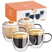 Set med 4 klara kaffemuggar av borosilikatglas Dubbelväggisolerade för hemkökskontor150ml