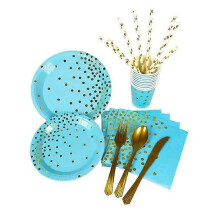 Vaisselle d'anniversaire en carton - HAOPYOU - Deux tailles - Bleu - Serviettes en paille Mariages Fête