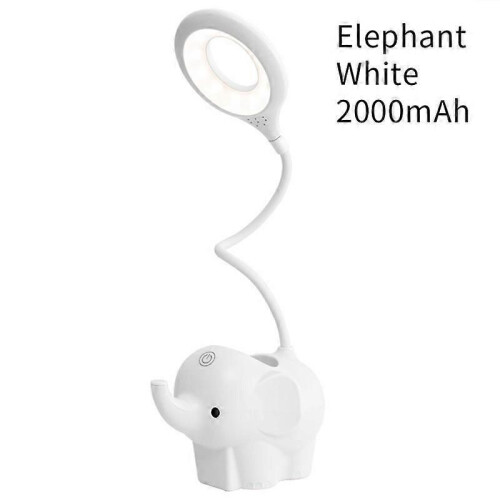 (White)Cute Elephant LED Desk Lamp USB Rechargeable Study Reading Light Touch Control Dimming Table