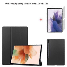 Tablettikotelo Samsung Galaxy Tab S7 FE T736 124S7 Lite musta PU-nahkakuori näytönsuojalla karkaistu
