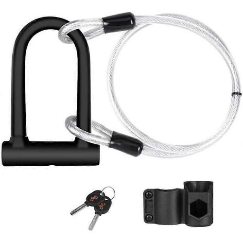 U-Lock Bicycle Lock with 2 Keys and 12m Steel Flex Cable + Frame Mounting Bracket for MTB Scooters Security