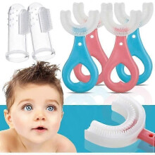4 Stück U-förmige Kinder- und Babyzahnbürsten und 2 Stück Fingerzahnbürsten, massieren das Zahnfleisch