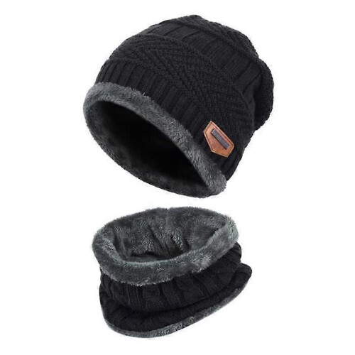 Ensemble bonnet et écharpe tricotés noirs chauds Vbiger pour enfants, 2 pièces