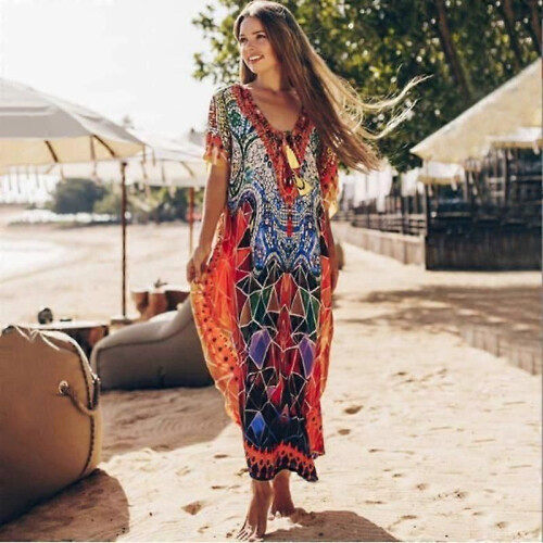 Damen Rayon Strandkleid Kimono Langer Bikini Überzug - Rot