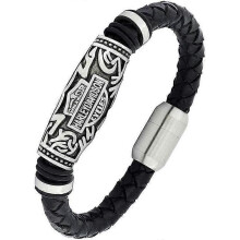Bracelet Harley Biker 100 % authentique, fait main, pour homme, en cuir noir souple et acier inoxydable.