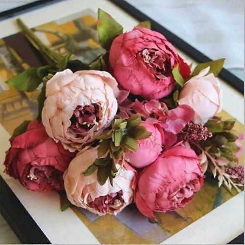 Ramo de peonías artificiales de seda SHINE-CO - Rosa oscuro