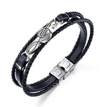 Bracelet homme - Acier titane - Note de musique - Compilation Cordon cuir - Personnalité mode Noir