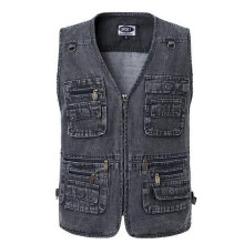Gilet en jean sans manches pour homme, col en V, multi-poches, fermeture éclair