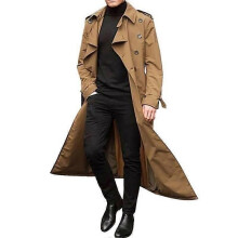 Men's Long Trench Coat Belted Windbreaker Slim Trench Coat Double Breasted Lapel Collar Trench Coat