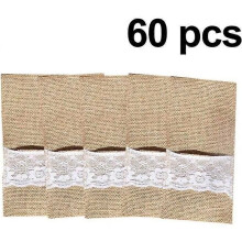 Lot de 60 porte-ustensiles en toile de jute et dentelle - Porte-couverts, couteaux et fourchettes pour