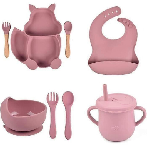 Kindergeschirr-Set – Marke – 8er-Set Silikon-Babyteller-Set – Rosa – BPA-frei