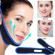 Masque lifting double menton, changement de forme du visage, deux tenues bleues