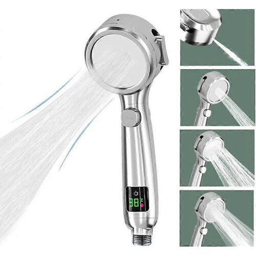LED Temperature Display Shower Head 4 Shower Modes with Pause Button High Pressure Water Saving Shower