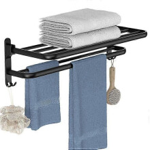 Porte-serviettes mural pour salle de bain - Sans perçage - Noir mat - 2 niveaux - Pliable - Aluminium