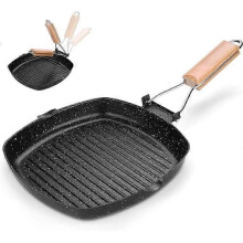 Induction Grill Pan with Folding Handle, Non-Stick and Anti-Scratch Coating, Pan Suitable for All Stoves,