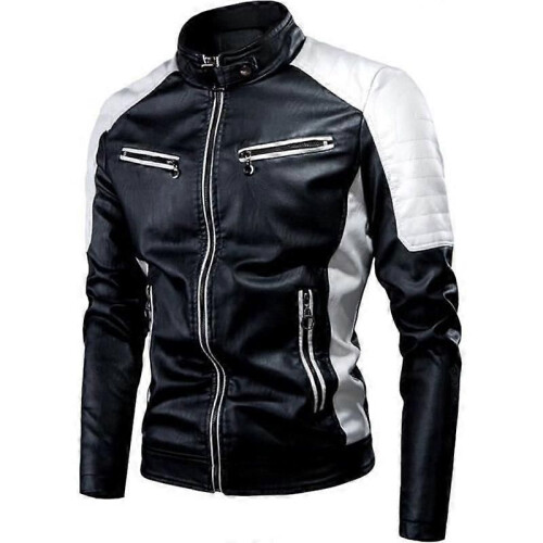 Men's Vintage PU Leather Motorcycle Jacket - Black - Geometric - Regular