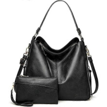Handbag - Women - Large Shoulder Bag - PU Leather - Black - 2pcs
