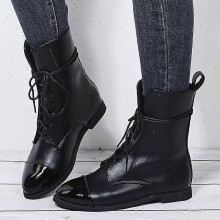 Dam Retro Mjukt Läder Rund Toe Spets Platta Ankel Boots - Svart - OS